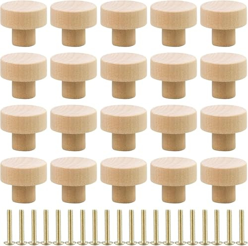 JACMKEON 20 Pcs Wooden Door Knobs Wooden Round Cabinet Handle Wooden Drawer Knobs with M4x25 Screws for Furniture Drawer Cupboard Dresser Shoesbox Wardrobe (30 x 25mm)