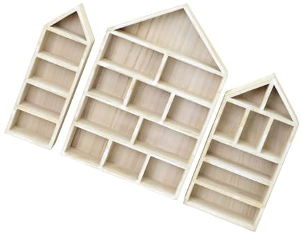 DEKKRYNFV Set di 3 mensole in legno a forma di casetta da parete, per modelli in miniatura, medaglie, collezioni