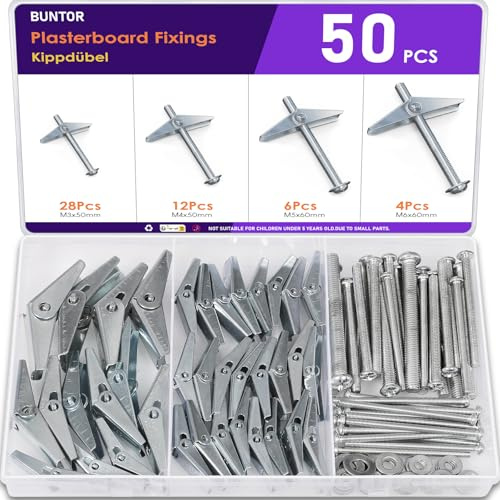 BUNTOR 50PCS Plasterboard Fixings, 4 Sizes Wing Spring Toggle Bolts, Hollow Wall Fixings & Drywall Screws, M3/M4/M5/M6 Drywall Anchor for Plasterboard, Cav Wall, Fibreboard