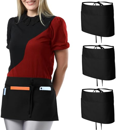 3 Stücke Taillenschürze, Kellnerschürze mit 3 Taschen, Antifouling Halbe Schürze für Männer und Frauen, Kochschürze zum Kochen, Reinigen, Malen, Gärtnern, Bistro, Cafe, Küche, Restaurant (Schwarz)