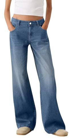 Pantalon en jean pour femme - Taille haute - Stretch - Coupe étroite - Vintage - Jambes larges - Délavé - Pour l'extérieur - Streetwear - Décontracté - Avec poches et passants de ceinture - S-XXL