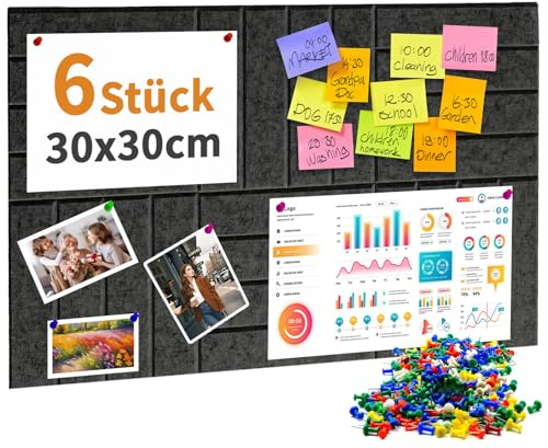 Tapsin Filz Pinnwand, 6 Stück 30cm*30cm Pinnwand mit 35 Pins (Schwarz) | Dekorative Korkwand aus Filz,0,9cm Dick,Selbstklebend,Schalldämmung,Bulletin Board für Kinderzimmer,Klassenzimmer,Büro