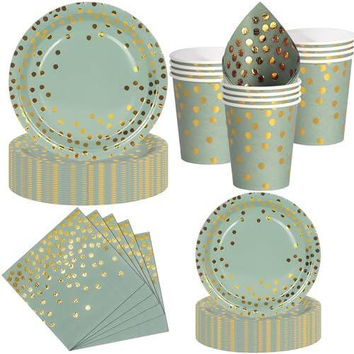 Nkaiso Set de Vaisselle Jetable 50 Pièces Vert Sauge et Or, 10 Assiettes Plates, 10 Assiettes Dessert, 10 Gobelets, 20 Serviettes - Pour Anniversaire, Mariage, Fête - 10 Invités