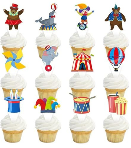 Gleemix 24 Stück Zirkus Kuchen Deko, Karneval Tortendeko, Clown Geburtstag Cake Topper, für Fasching Karneval Cupcake Muffins Torten