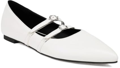 Generico Scarpe Donna Mary Jane Basse Doppio Cinturino Punta Affusolata Fibbia Strass Tomaia Pelle Sintetica Eleganti Comode alla Moda,Bianca,34 EU