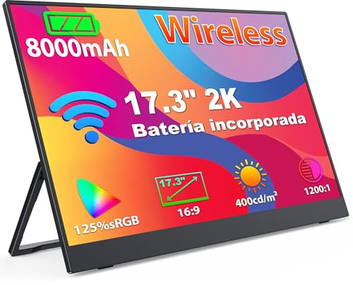 MAGICRAVEN Wireless Monitor Portátil Pantalla Inalambrica 17,3 Pulgadas 2,5K QHD IPS Portable Monitor 125% sRGB Monitor para Ordenador Portatil Mac PC Juegos Switch Teléfono, Soporte AirPlay/Miracast