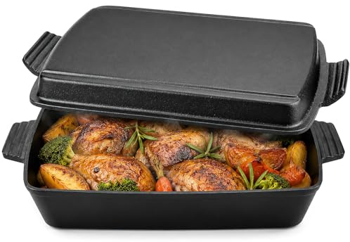2-in-1 Cast Iron Dutch Oven with Skillet Lid, 5L Rectangular Casserole Dish