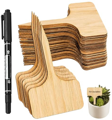 GSGFUIS Lot de 30 étiquettes écologiques en bois pour plantes en forme de T à écrire avec marqueur résistant aux intempéries, étiquettes en bois pour herbes, plantes succulentes et légumes