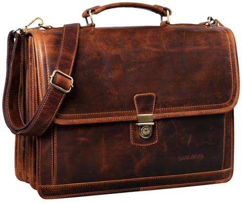 STILORD Thaddäus Vintage Aktentasche Lehrertasche Umhängetasche Leder Große Businesstasche mit 14 Zoll Laptop-Fach Dreifachtrenner Schloss und Schlüssel Farbe:Kara - Cognac