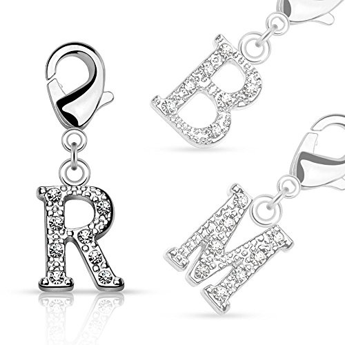 Bungsa BUCHSTABEN ANHÄNGER silber mit Kristall - kleine BUCHSTABEN CHARMS für Bettel-Armband, Halskette oder Ohrringe - für Damen, Kinder & Herren - A B C D E F G H I J K L M N O P R S T U V W Z