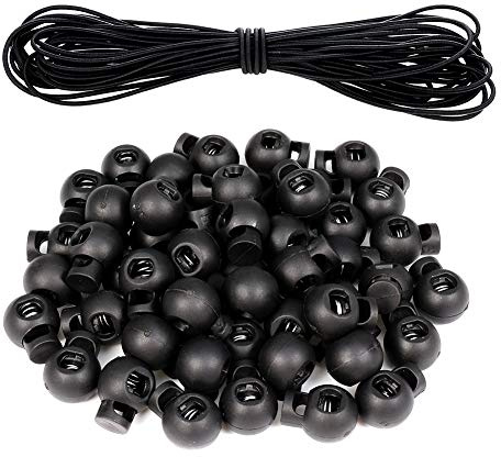 Opopark 50pcs Spring Cord Locks Single Hole Plastic Spring Toggle Stoppers Buttons Small Round Elastic Toggle Sliders with 10m/32 Feet Bungee Rope for Drawstring Bag Shoelace Paracord Camping Hiking