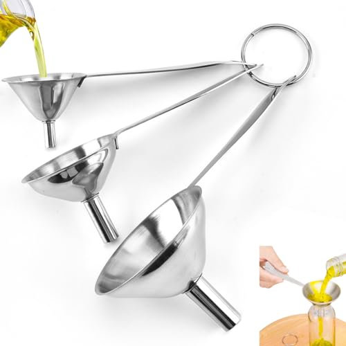 Embudo de cocina de 3 piezas, embudo pequeño de acero inoxidable, embudo de metal con mango largo para transferir botellas de llenado de aceite líquido en polvo