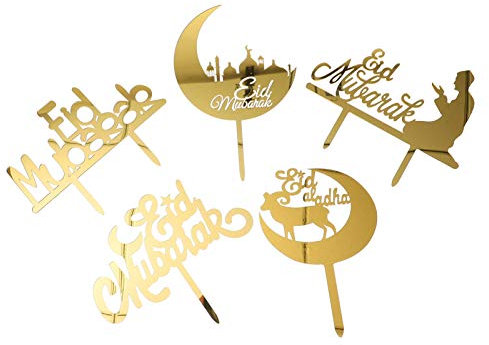 Amosfun Golden Eid Mubarak Cake Topper, Crescent Cupcake Topper, Pack of 10