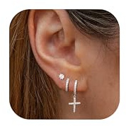LOLIAS Boucles D'oreilles Plaqué Or 14 Carats pour Homme Femme - Croix CZ Dangle Manchette Percing Cartilage Oreilles Hoop
