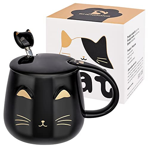 SHENDONG Black Cat Mug Cute Ceramic Coffee Cup with Kawaii Lid and Lovely Stainless Steel Spoon Novelty Morning Cup Coffee Milk Tea Mugs - 3D Animal Mugs for Cat Lovers Women Gifts(Black)