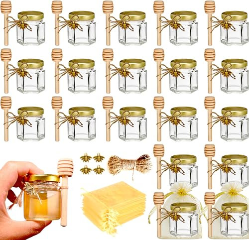 Ahhute 20er-Pack 1,5 oz Sechseckige Mini Honigglas mit Honiglöffel, Goldenen Deckeln, Bienenanhängern - Perfekt für Gastgeschenke, Hochzeiten & Babypartys - Gastgeschenke Hochzeit