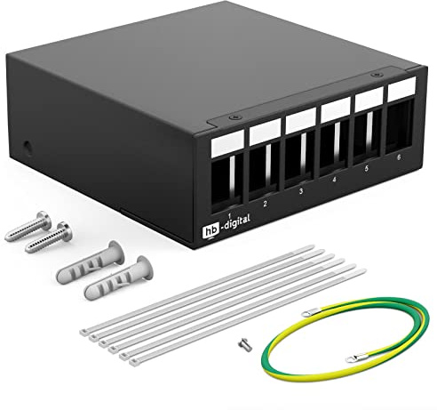 HB-DIGITAL 6-Port Patchpanel Gehäuse für Keystone Module mit z.B. RJ45 Buchse RJ11 Socket Antennenstecker F-Verbinder USB-C USB-A BF/AF HDMI Polklemme Gewindebuchse BNZ - Schwarz