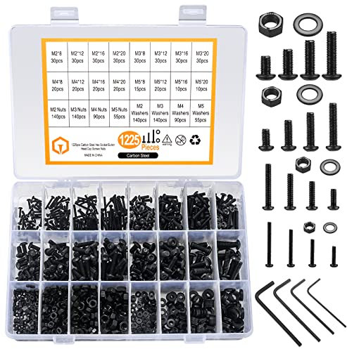 1225 Pièces M2 M3 M4 M5 Jeu de Vis et écrous, Vis à Tête Cylindrique à Six Pans Creux et Boulons et écrous et Rondelles, Vis Filetées à Tête Ronde Acier Carbone et écrous et Rondelles (1225 noir)