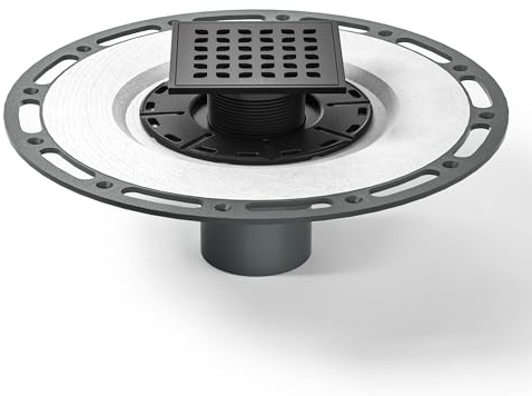 Bernkot Square Shower Drain, 4 Matte Black 304 Stainless Steel Drain Grate Removable Drain Key with PVC Bonding Flange Base for Low Profile Floor Tiles, CUPC Certified