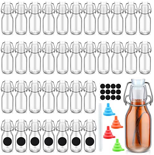 Lallisa 36 Pcs Small Swing Top Glass Bottles 3.5 oz Clear Flip Top Glass Bottle with Caps Vanilla Extract Bottles with Stickers Chalk Folding Silicone Funnel for Kombucha Water Wine Beer Kefir Juice