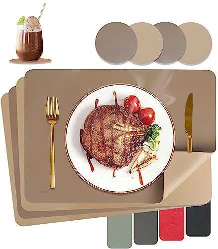HELI MIAO Tischsets Abwaschbar,Platzsets Abwischbar, Leder,Hitzebeständig Doppelseitigen I 4er Set Platzdeckchen Lederoptik mit Untersetzer,Tischuntersetzer rutschfest,braun+Tan