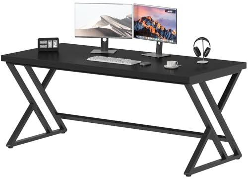 LVB Scrivania moderna nera per computer, lungo tavolo da ufficio industriale per la casa, adatto per studenti, grande scrivania in metallo e legno per scrivere e studiare, lavoro al computer