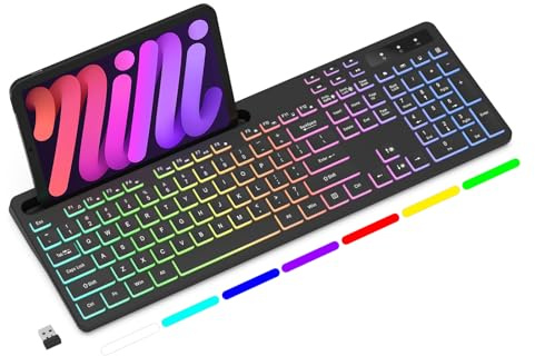 Soueto Wireless Keyboard with 7-Color RGB Backlit, Full-Size Computer Keyboard with Phone Tablet Holder, 2.4G Rechargeable Gaming Keyboard with Light Up Keys, Compatible with Mac, Windows (Black)