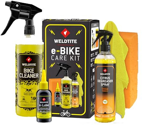 WELDTITE e-Bike Care Kit, Cleaner, e-Lube, Degreaser, Sponge & Cloth | All-in-One Cleaning & Maintenance Set, Biodegradable Products, Vegan-Friendly, Perfect for Electric Bicycles