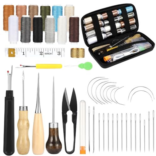 Royouzi 48 PCS Leder NäHset, Leder Werkzeug set Mit 12 Farben NäHgarn, Auswerferstift, NäHnadeln, Ahle und NäHentferner Multifunktional DIY LedernäHset