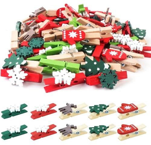 Noël Pinces à Linge en Bois,100 Pièces Clips Photo en bois de Noël,mini clips pour Photos de Noëls,Pince en boises pour décoration de Noëls ASIN: B0CMQP2J3V SKU: Nywj-shengdanmujiazi-100pcs