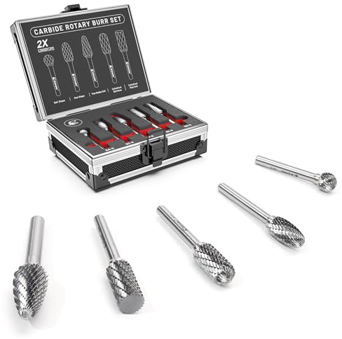 EZARC Tungsten Carbide Burr Set 1/4 Shank, 5PC Double Cut Rotary Tool Bits Cutting Burrs, Die Grinder Bits for Metal Working Grinding, Deburring, Carving, Polishing in Aluminum Storage Box