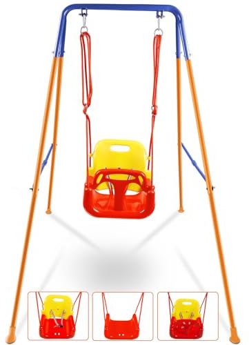 HLC 3 in 1 Swing Set for Toddler, Heavy-Duty Kids Baby Swing Set with Safety Harness, for Garden, Indoor Outdoor Play, Folding Metal Stand & Clear Instruction, Easy to Assemble & Store