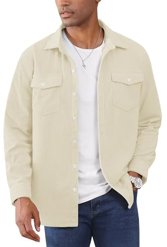 EKLENTSON Men's Corduroy Shirt Jacket Long Sleeve Shacket | Lumberjack Shacket,Work Casual Button-down Shirt Jacket,Lightweight 2 Flap Pockets Polyester Trucker Autumn Jacket