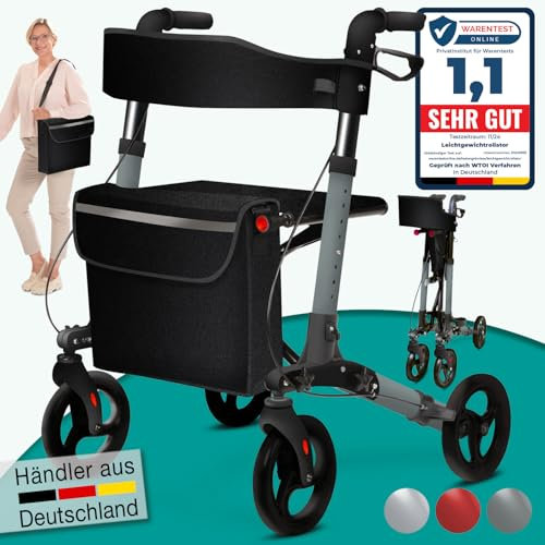ELONEO Rollator faltbar und leicht mit Sitz, Leichtgewicht-Reiserollator aus Aluminium, Gehhilfe 8-fach höhenverstellbar, Laufhilfe 3-fach faltbar für Kofferraum, Tasche & Schirmhalter Anthrazit
