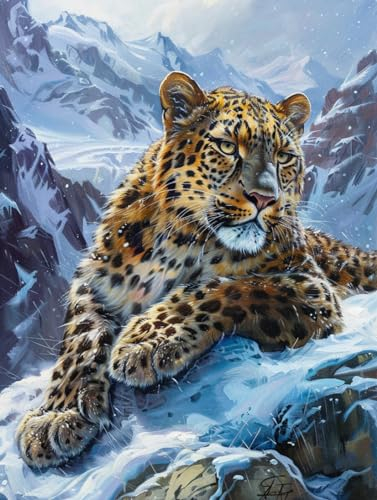 Handarbeit Set Für Erwachsene Leopard Auf Dem Verschneiten Berg，Handgefertigtes Set Zum Selbstknoten，Großer Knüpfteppich，Vorgedrucktes Muster，Teppich-Stickerei，Basteln Für Erwachsene 31x63in