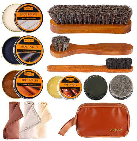 13Pcs Shoe Care Kit for Men & Women,3 Horsehair Shoe Polish Brush,Black Brown Neutral Mink Oil for Shoes,Care for Leather Boots, Shoe Cleaning Kit as Gift for Men with Shine Sponges & Care Cloth