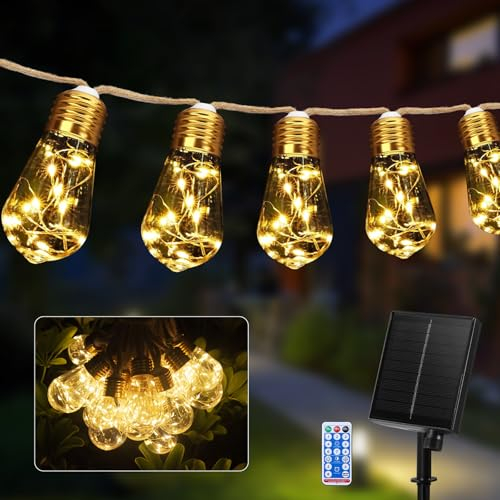 Guijiyi Solar Festoon Lights Outdoor, 8.7M/28.54FT Garden Solar String Lights with 20LED Shatterproof Bulbs, IP65 Waterproof Hemp Rope Fairy Lights Outdoor for Garden Patio Party Wedding Decor