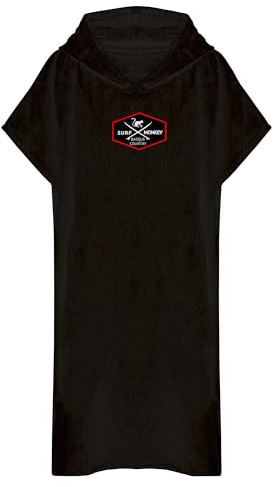 Surf Monkey Poncho Asciugamano con Cappuccio e Tasca Interna - Cotone Organico (Nero, L/XL)