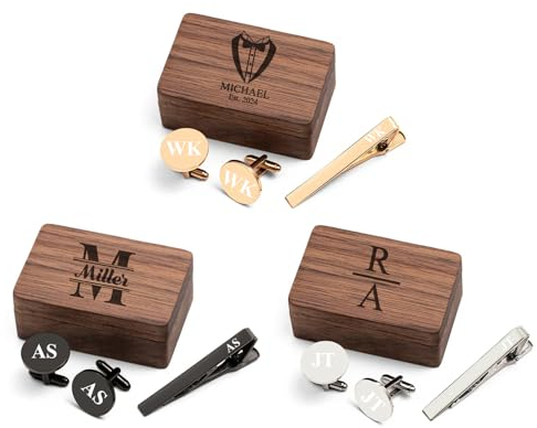 Personalized Tie Clip and Cufflinks Set, Custom Wedding Cufflinks, with Wooden Box, Groomsmen Wedding Gift Set, Best Man Cufflinks and Tie Clips, Party Accessories, Engagement Gift, Wedding Gift