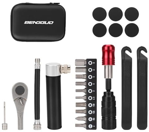 TINGSING Kit d'outils de vélo, kit d'outils multifonctions de réparation de pneus d'urgence, contient un jeu de clés dynamométriques, une mini pompe à vélo, un levier de pneu pour VTT et vélo de route