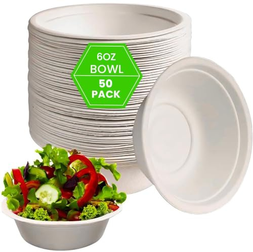 Venuscello 150 x White Round 6oz (180ml) Bagasse Bowls Biodegradable Sugarcane Soup Bowls, Compostable Dessert Bowls for Parties Events and Everyday Use