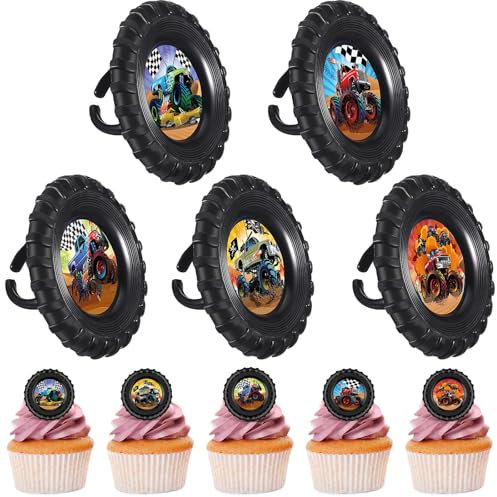 Containlol Cupcake-Topper, Motiv: Truck, Monsterautos, Cupcake-Aufsätze, Autos, Cupcake-Ringe, Kunststoff, LKW, Geburtstagsdekorationen für Jungen, Auto-Themenparty-Zubehör, 5 Stile, 50 Stück