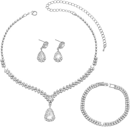FDEETY Schmuckset Strass Halskette Armband Ohrringe Sets Prom Kostüm Schmuck Set Braut Hochzeit Party für Frauen und Mädchen
