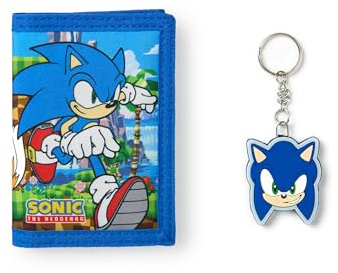 Sonic The Hedgehog Boys Wallet | Blue Trifold Wallet with Sonic and Tails Graphic Print for Kids | Childrens Cash & Card Holder with Sonic Head Keychain | Classic Video Game Merchandise Gift