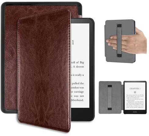 Miimall Kompatibel med Kindle Colorsoft 2024 fodral, PC stötsäkert fodral, PU-läder anti-glid skyddande skal, elastisk handrem, läderfodral för Kindle Colorsoft 2024, kaffe