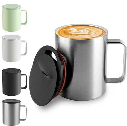 Homealexa Tazza da Caffè 400 ml a Doppia Parete Sotto Vuoto, Tazza Termica per Caffè e Tè in Acciaio Inossidabile con Manico e Coperchio Scorrevole Argento