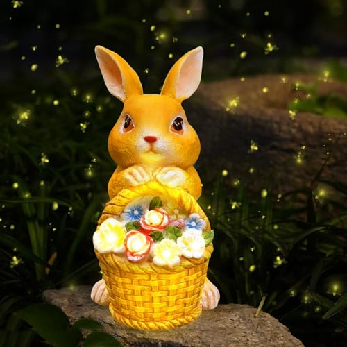 DZAY Osterdeko Gartenfiguren Solarlampen für Außen Garten Statuen,Osterhase Garten Deko Outdoor Indoor,Kaninchen Blumen Statue mit 5 LED Licht,Gartendeko für Draußen Wetterfest Osterdekoration (Gelb)