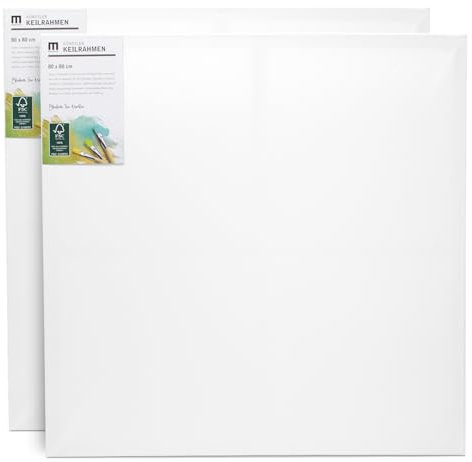 80x80cm Künstler-Leinwand zum Bemalen im Doppelpack. Die leere, weiße Leinwand aus 100% Baumwolle ist umlaufend gespannt auf FSC® Holz-Keilrahmen mit 17mm Stärke, 280g/m², 2-fach weiß grundiert