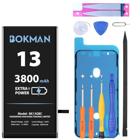 bokman Batterie pour iPhone 13, Haute Capacité 3800mAh Batterie Polymère Li-ION avec Trousse à Outils et Bandes Adhésives
