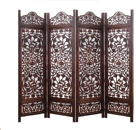 iAnanas | Raumteiler, 4 Paneele, 203x180 cm, Blomstermotiver, Mangoholz braun | Faltbar, handgeschnitzt, platzsparend | Sichtschutz und dekorative Trennwand Orientalisch Paravent